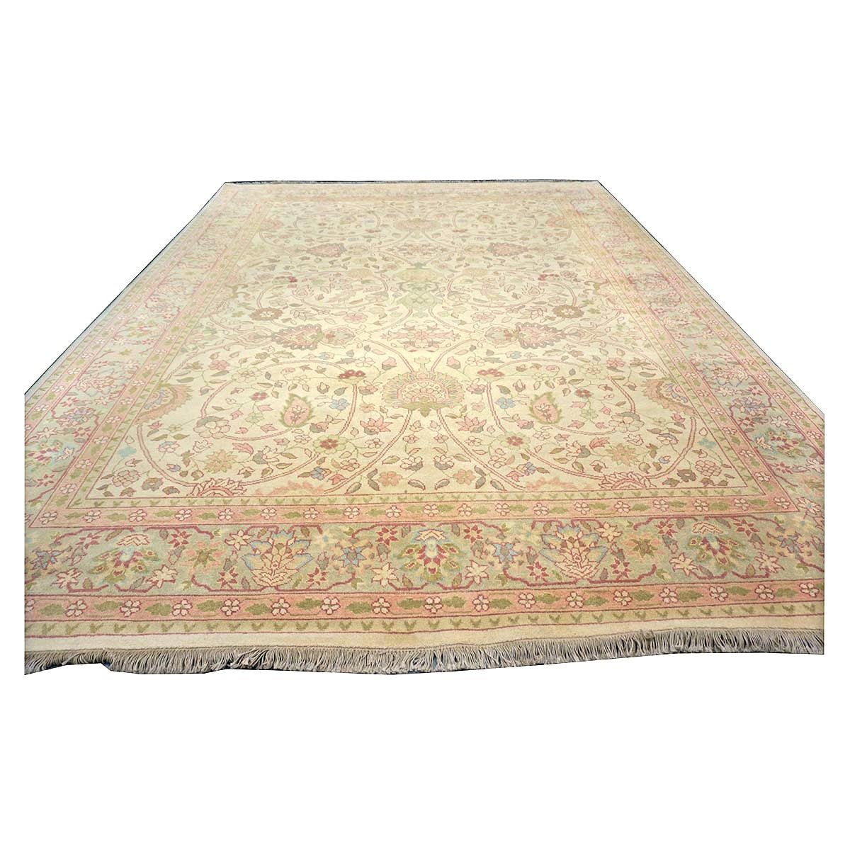 Chinese Tabriz Wool 9x12 Green & Rose Handmade Area Rug #1144796