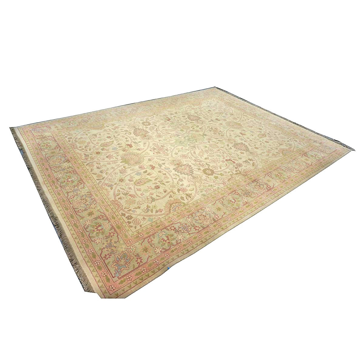 Chinese Tabriz Wool 9x12 Green & Rose Handmade Area Rug #1144796