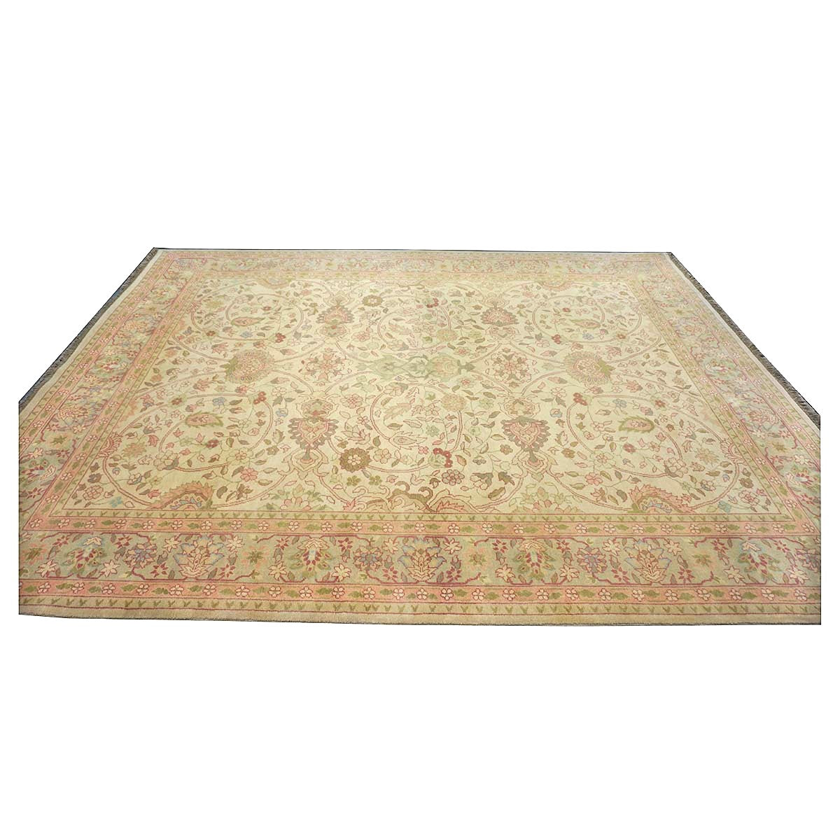 Chinese Tabriz Wool 9x12 Green & Rose Handmade Area Rug #1144796