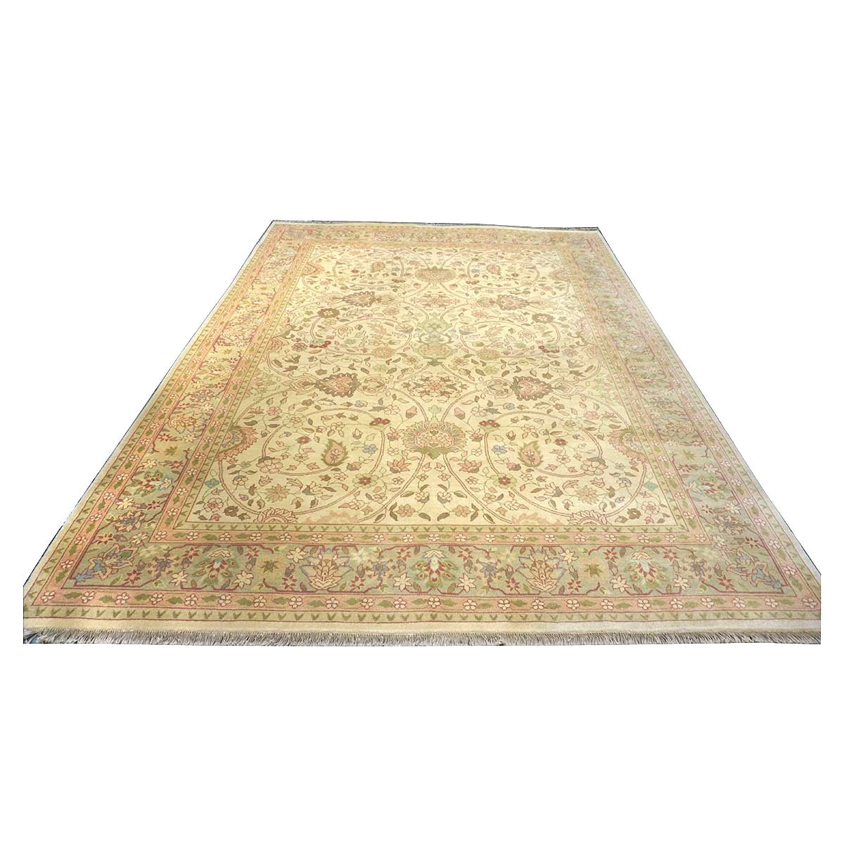 Chinese Tabriz Wool 9x12 Green & Rose Handmade Area Rug #1144796