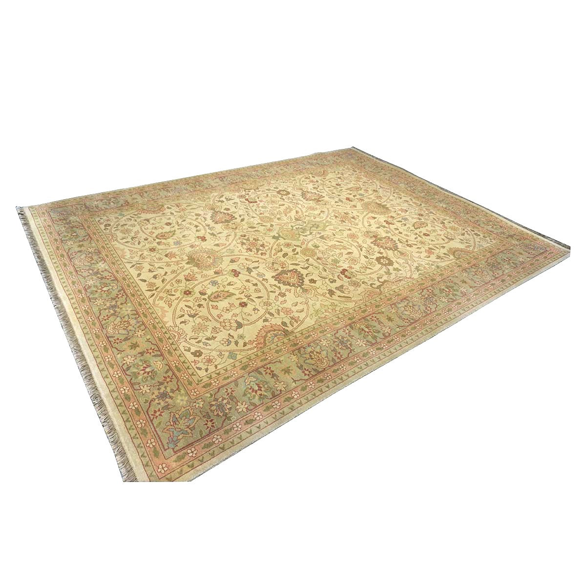 Chinese Tabriz Wool 9x12 Green & Rose Handmade Area Rug #1144796