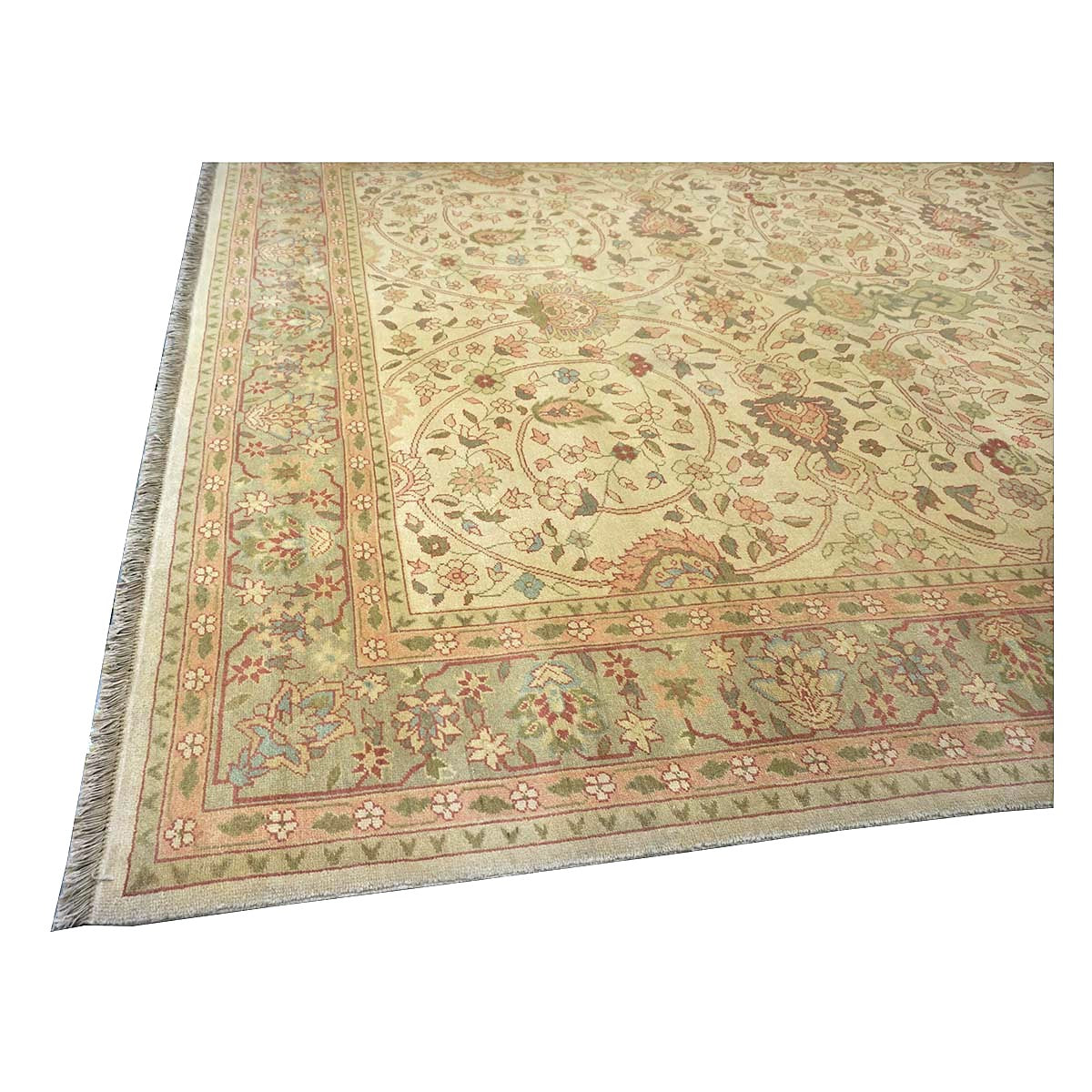 Chinese Tabriz Wool 9x12 Green & Rose Handmade Area Rug #1144796