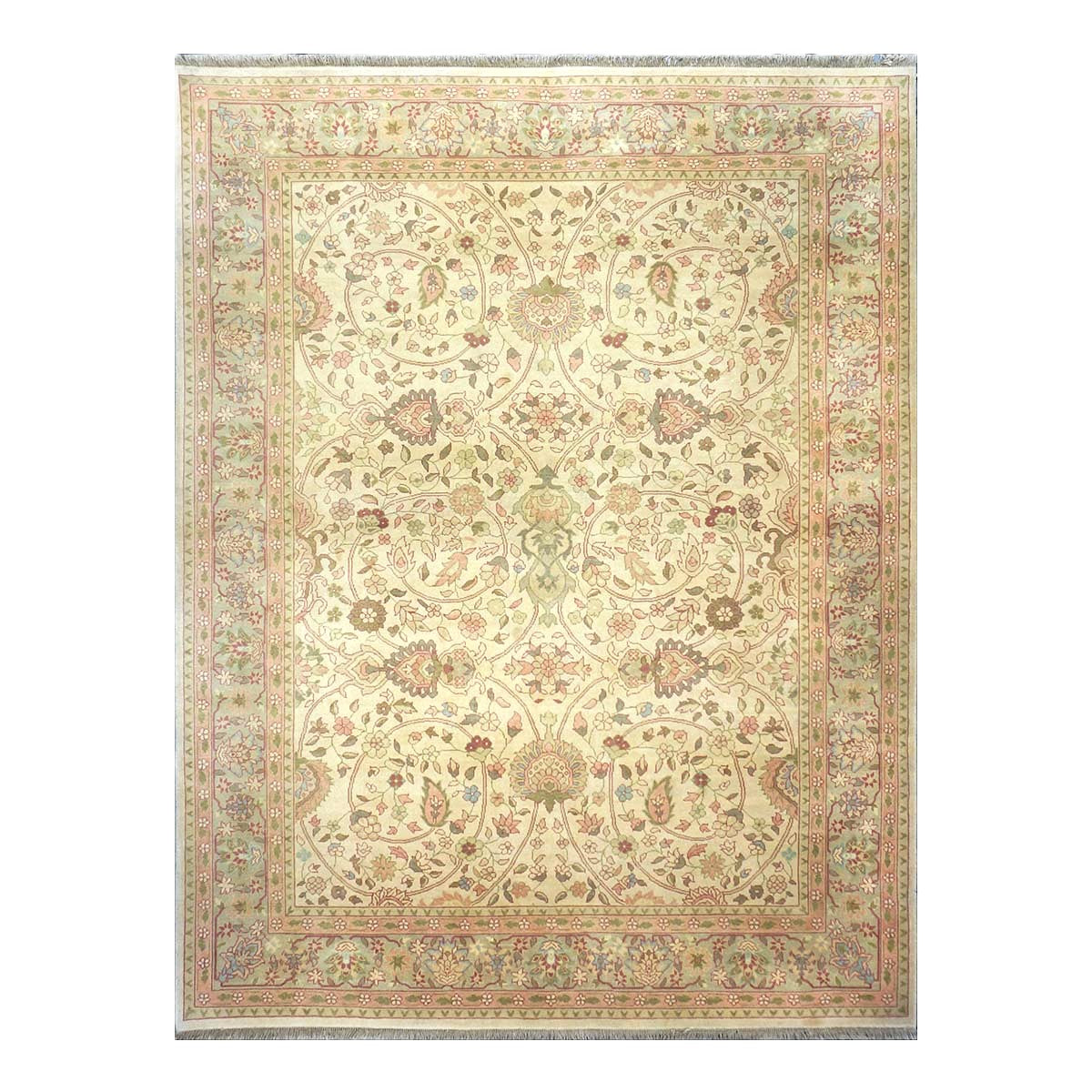 Chinese Tabriz Wool 9x12 Green & Rose Handmade Area Rug #1144796