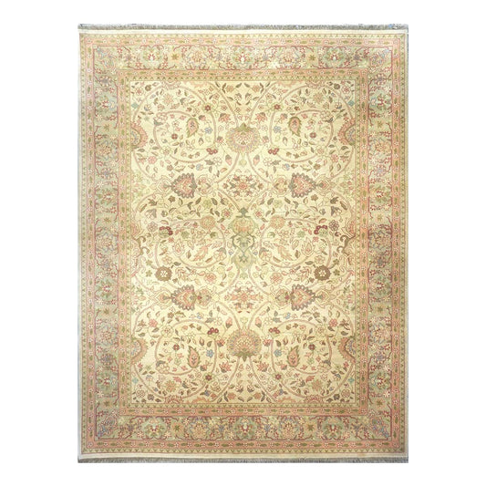 Chinese Tabriz Wool 9x12 Green & Rose Handmade Area Rug #1144796
