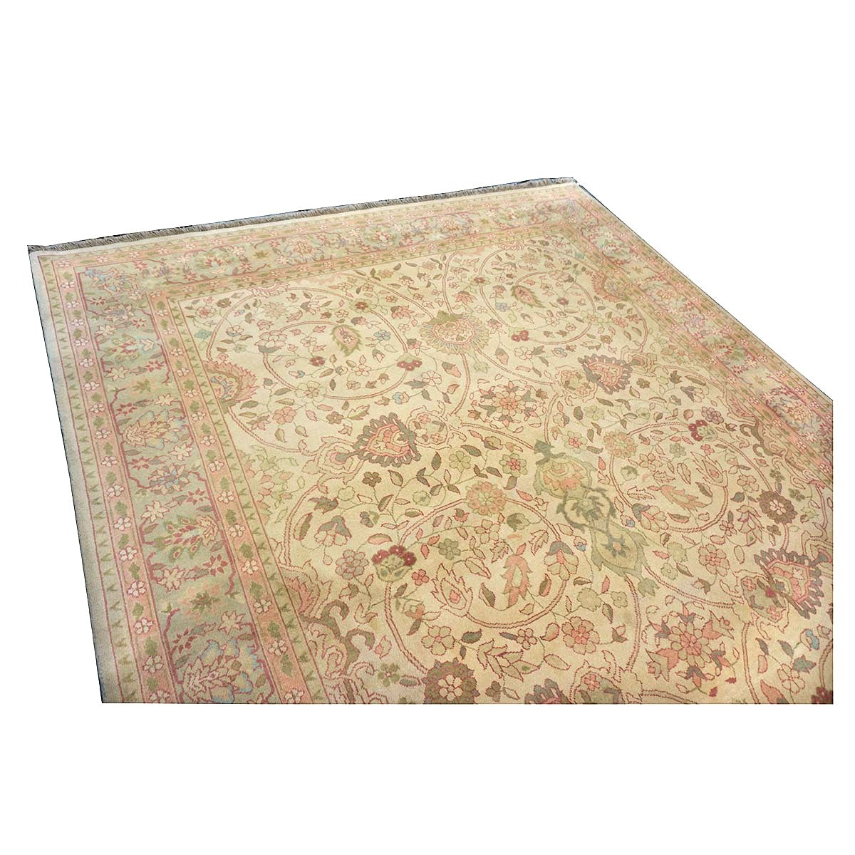 Chinese Tabriz Wool 9x12 Green & Rose Handmade Area Rug #1144796