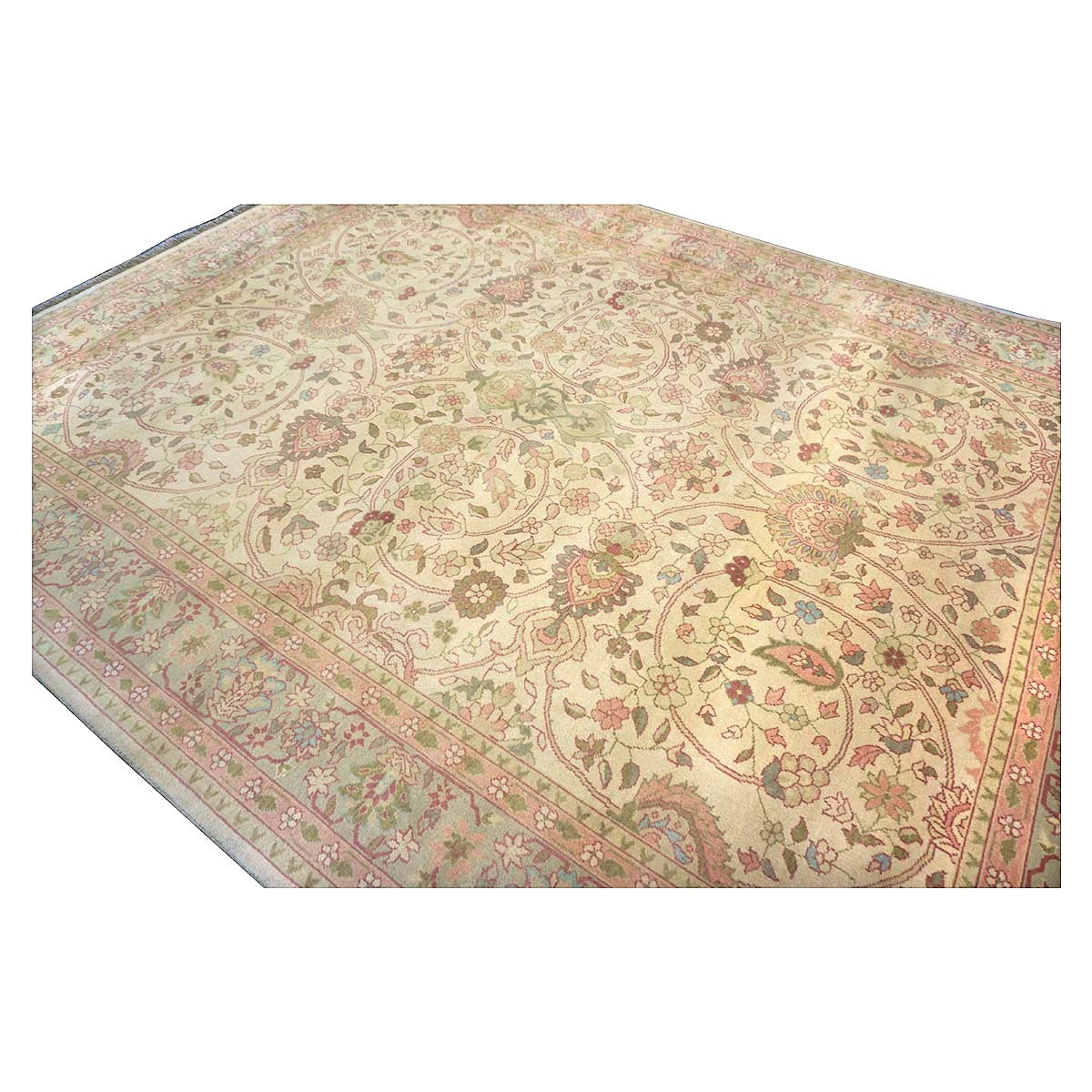 Chinese Tabriz Wool 9x12 Green & Rose Handmade Area Rug #1144796