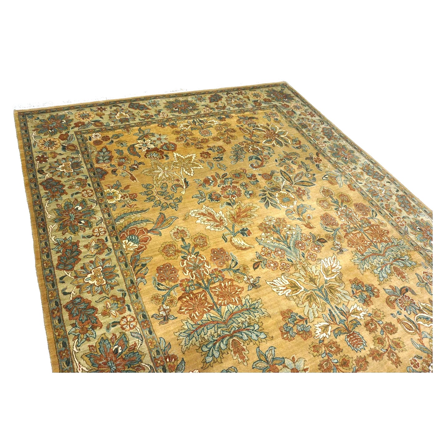 Vintage Indian Jaipur Wool 8x10 Camel, Ivory & Light Green Handmade Area Rug # 1144797