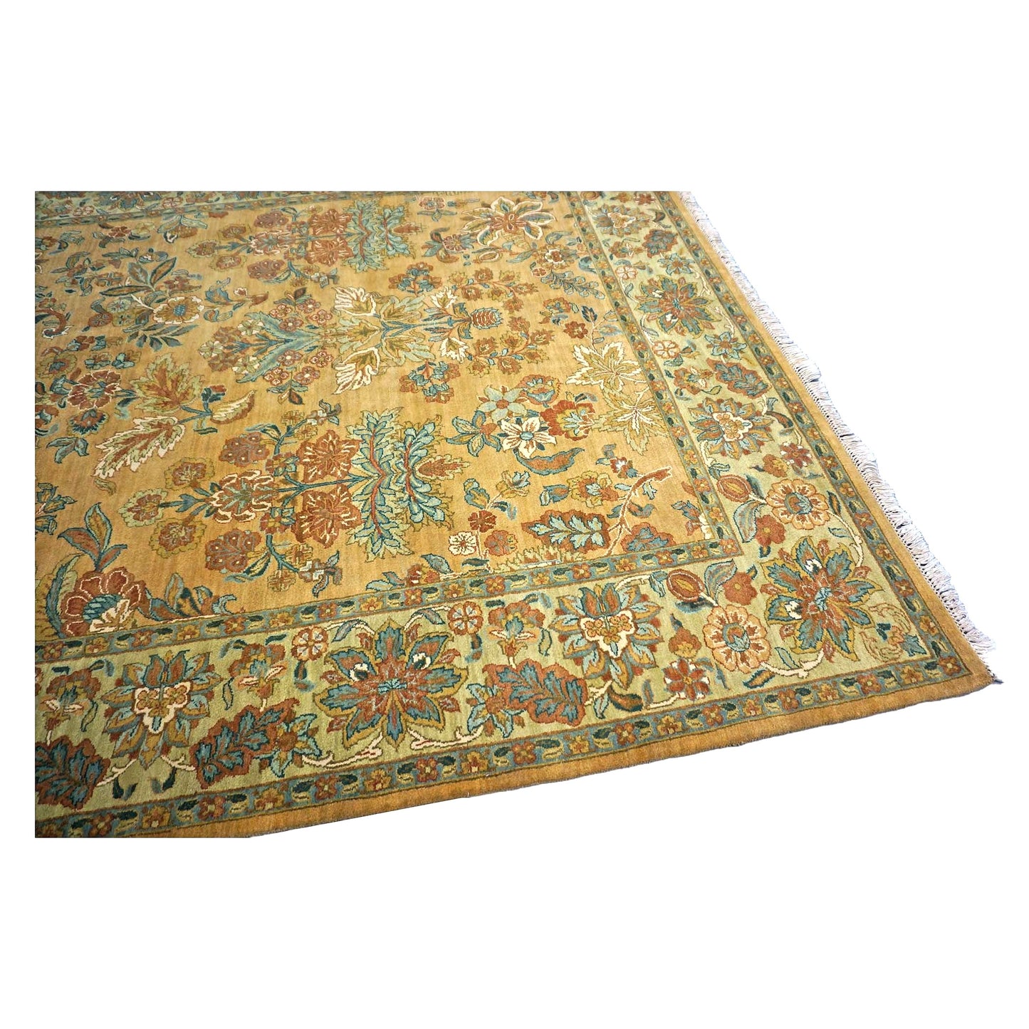 Vintage Indian Jaipur Wool 8x10 Camel, Ivory & Light Green Handmade Area Rug # 1144797