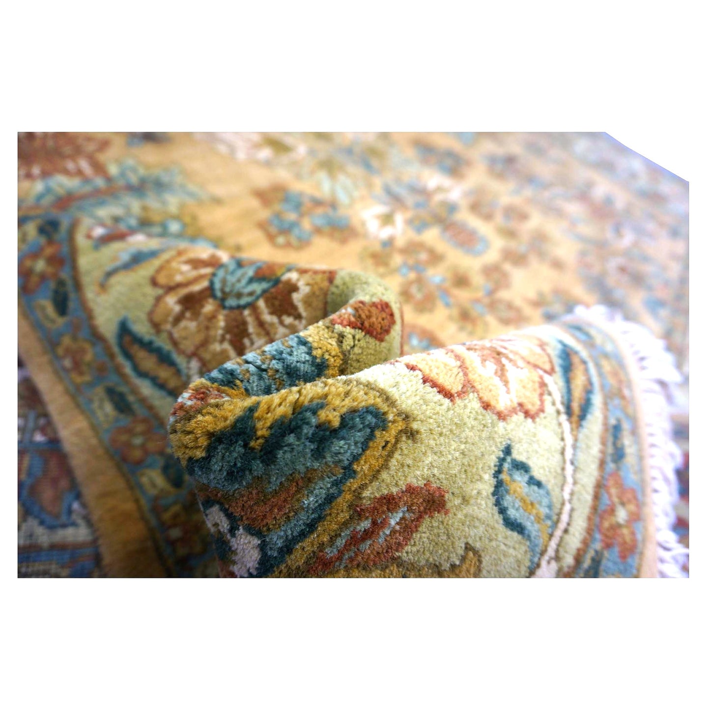 Vintage Indian Jaipur Wool 8x10 Camel, Ivory & Light Green Handmade Area Rug # 1144797
