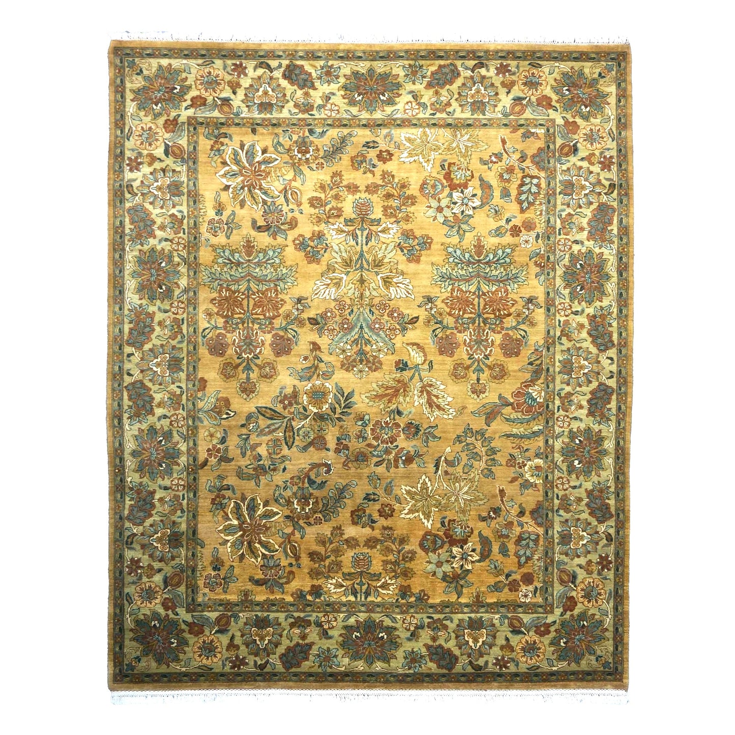 Vintage Indian Jaipur Wool 8x10 Camel, Ivory & Light Green Handmade Area Rug # 1144797