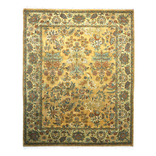 Vintage Indian Jaipur Wool 8x10 Camel, Ivory & Light Green Handmade Area Rug # 1144797