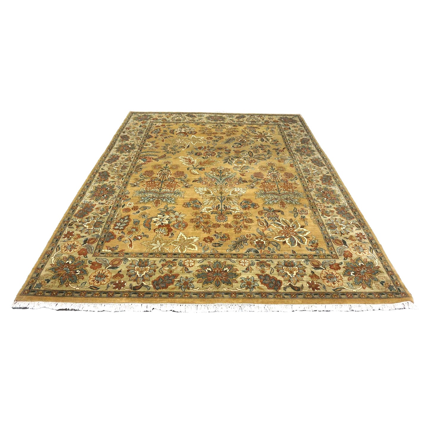 Vintage Indian Jaipur Wool 8x10 Camel, Ivory & Light Green Handmade Area Rug # 1144797