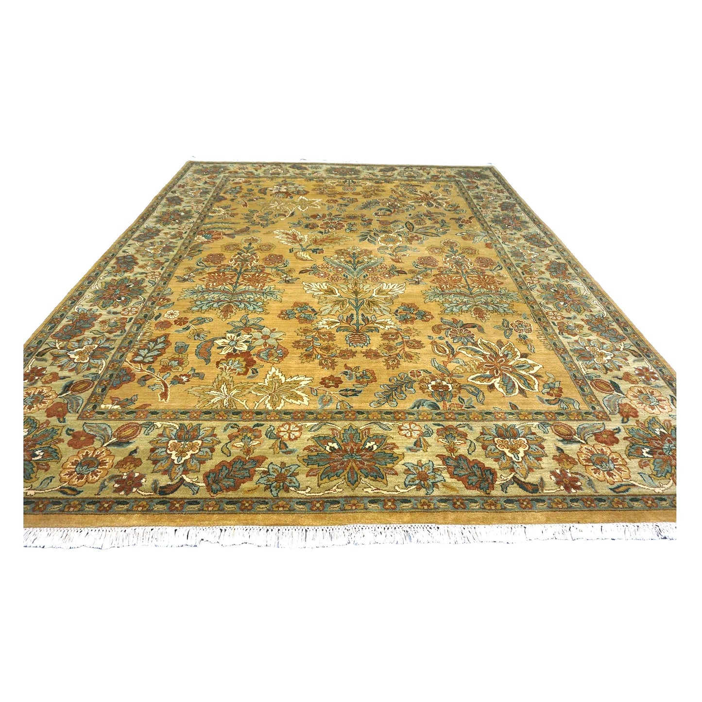 Vintage Indian Jaipur Wool 8x10 Camel, Ivory & Light Green Handmade Area Rug # 1144797