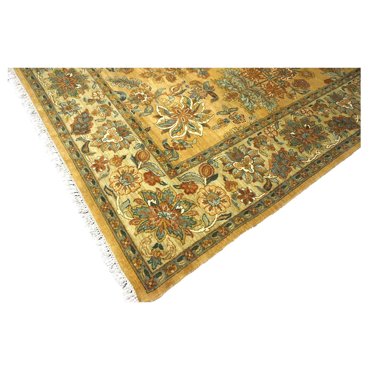 Vintage Indian Jaipur Wool 8x10 Camel, Ivory & Light Green Handmade Area Rug # 1144797