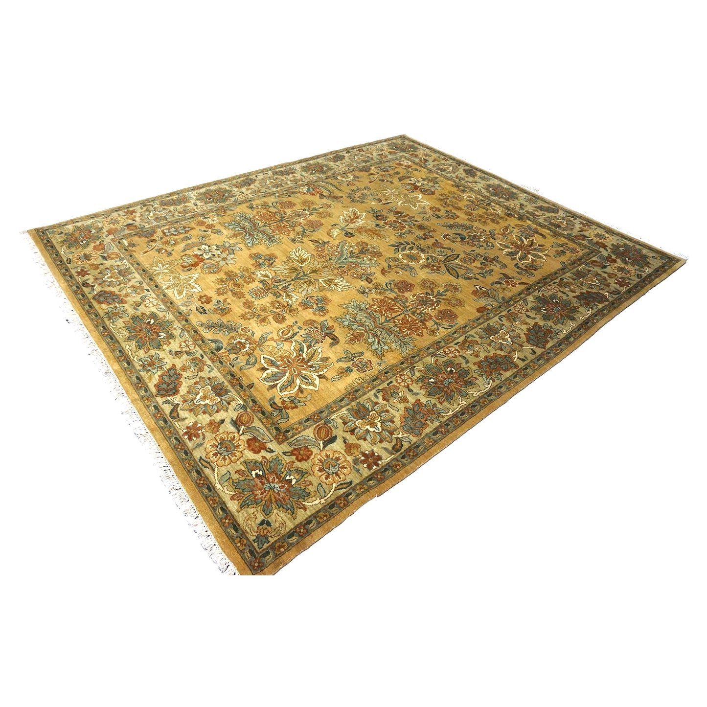 Vintage Indian Jaipur Wool 8x10 Camel, Ivory & Light Green Handmade Area Rug # 1144797