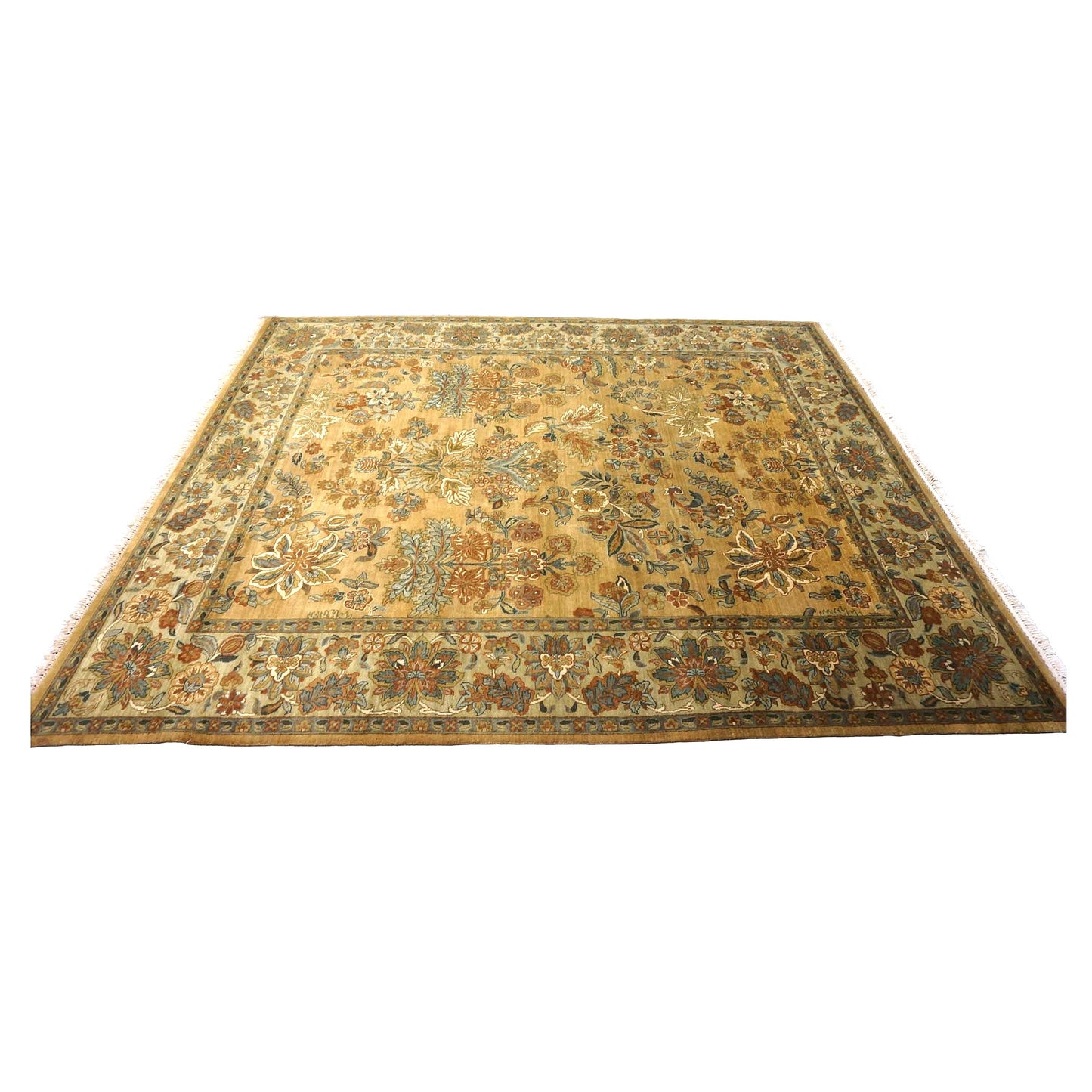 Vintage Indian Jaipur Wool 8x10 Camel, Ivory & Light Green Handmade Area Rug # 1144797