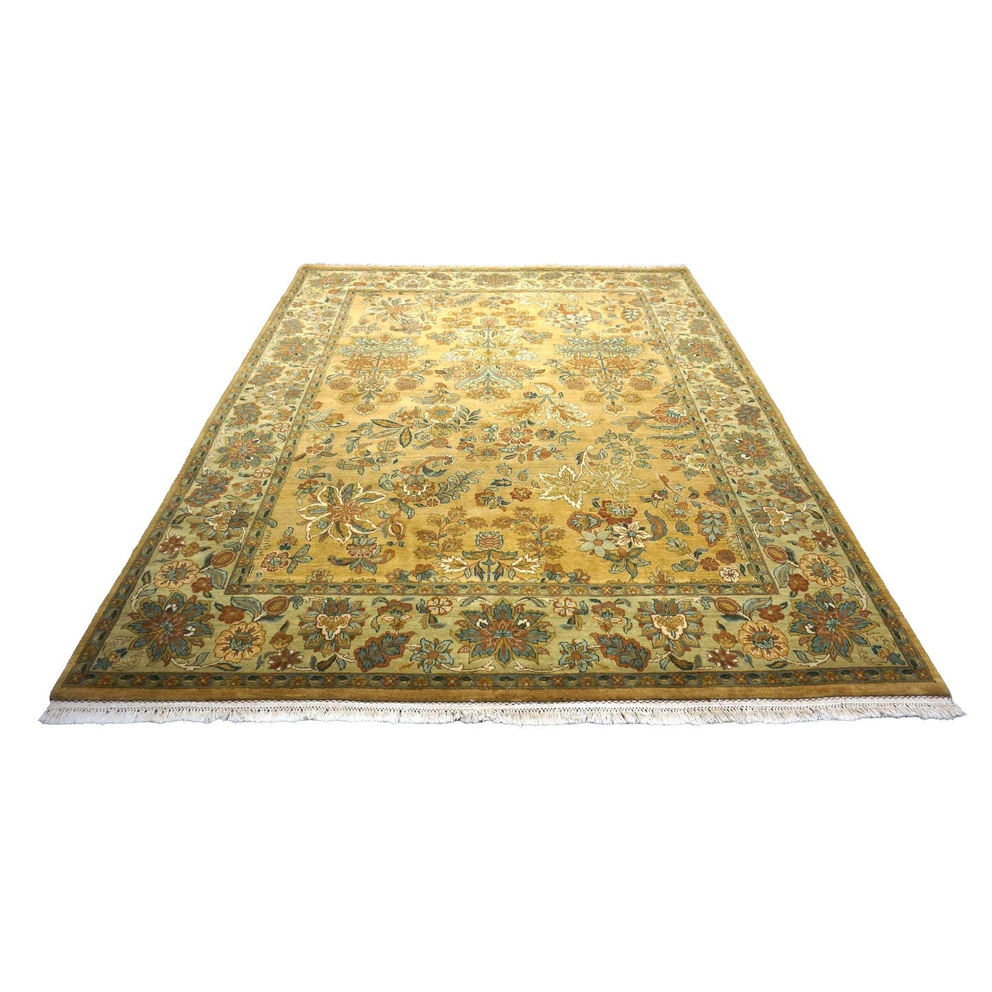 Vintage Indian Jaipur Wool 8x10 Camel, Ivory & Light Green Handmade Area Rug # 1144797