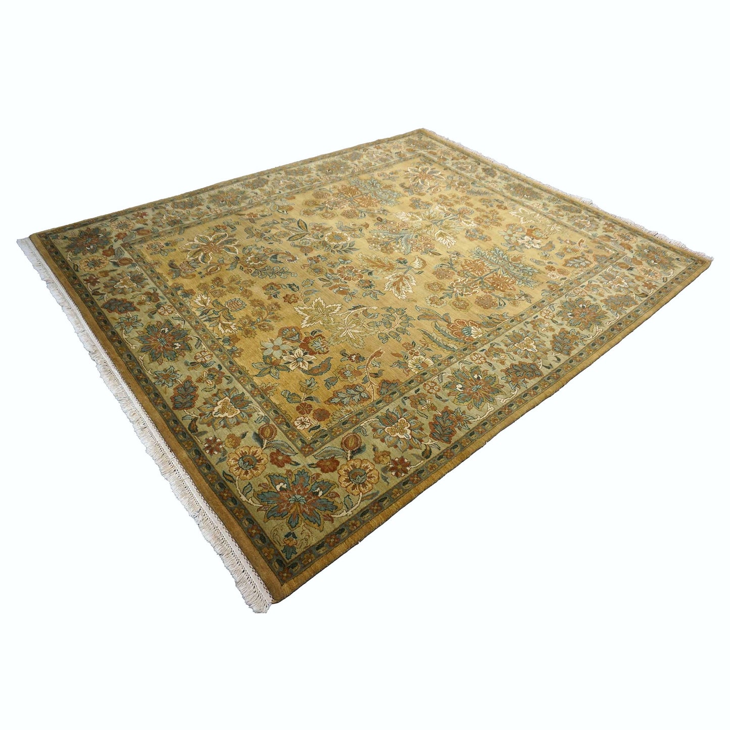 Vintage Indian Jaipur Wool 8x10 Camel, Ivory & Light Green Handmade Area Rug # 1144797