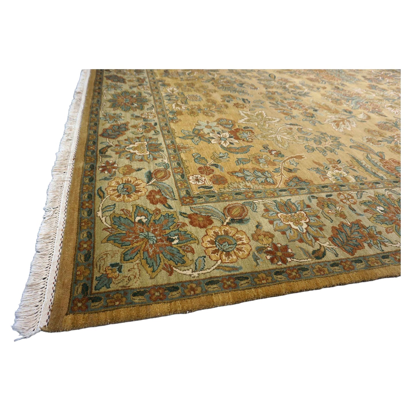 Vintage Indian Jaipur Wool 8x10 Camel, Ivory & Light Green Handmade Area Rug # 1144797