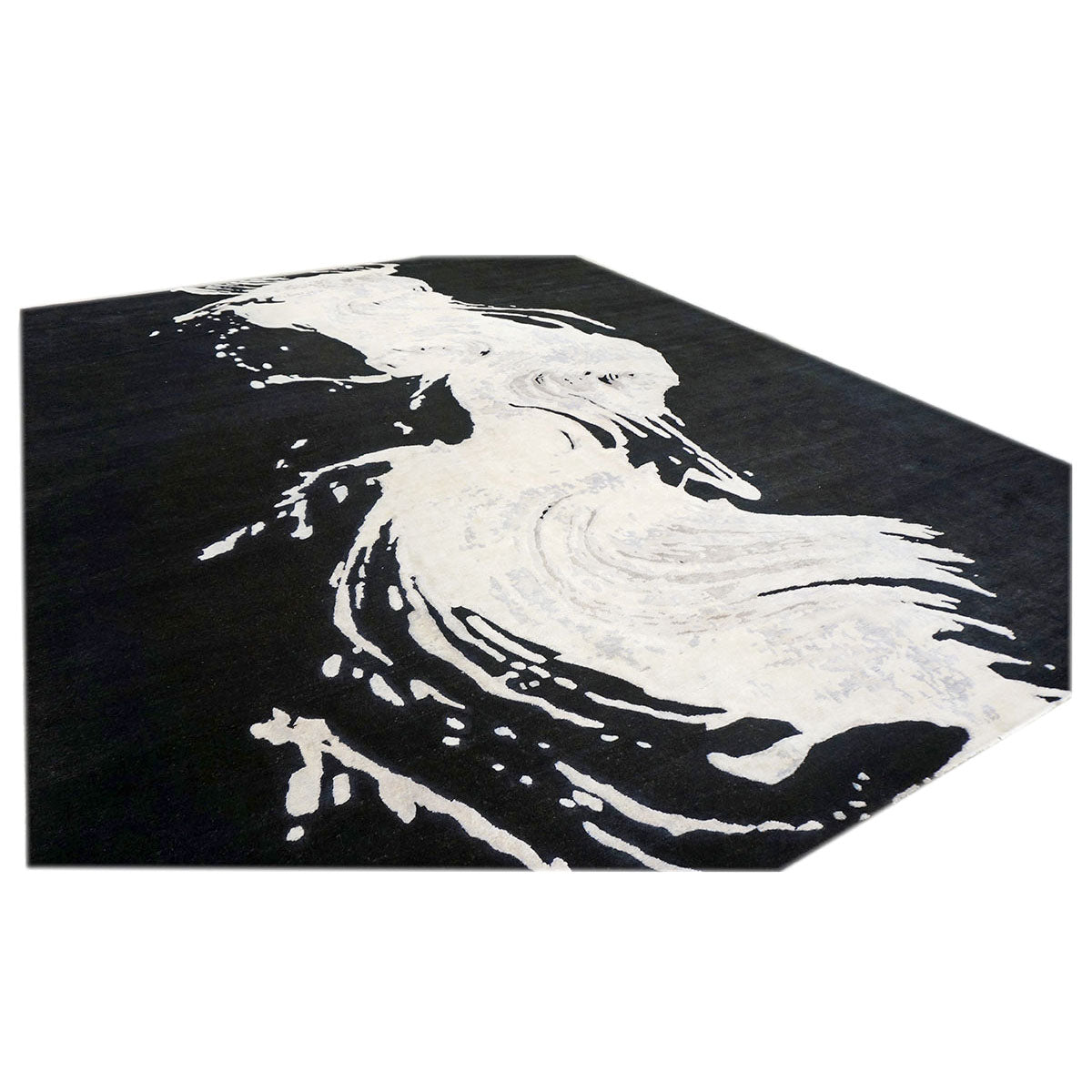 Modern Wool & Silk 9X12 Black & White Wave Design Handmade Area Rug #1144031 image 1
