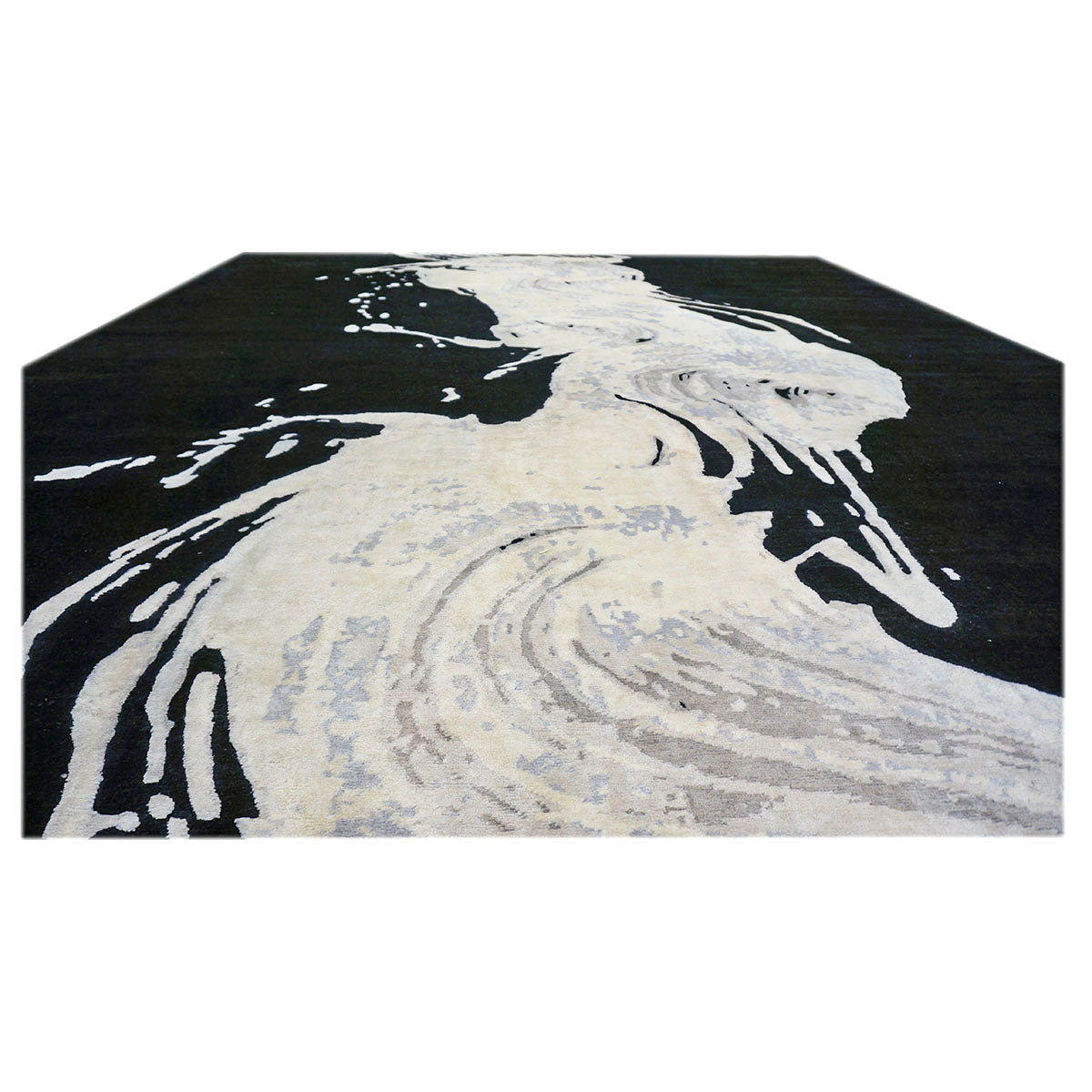 Modern Wool & Silk 9X12 Black & White Wave Design Handmade Area Rug #1144031 image 4