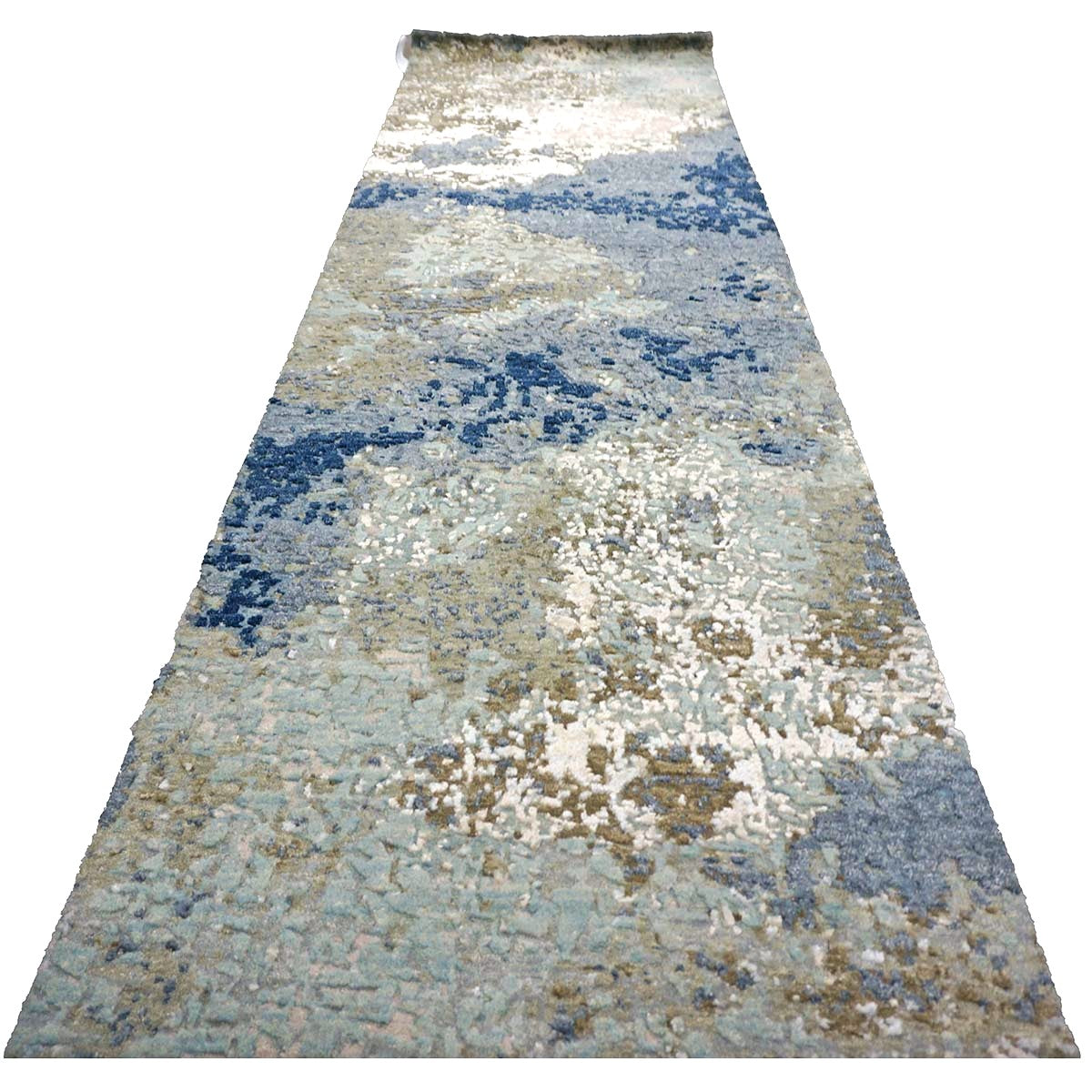 Indian Modern Jaipour Wool & Silk 3x10 Blue, Green & Ivory Handmade Runner Rug #30615