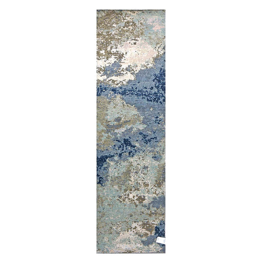 Indian Modern Jaipour Wool & Silk 3x10 Blue, Green & Ivory Handmade Runner Rug #30615