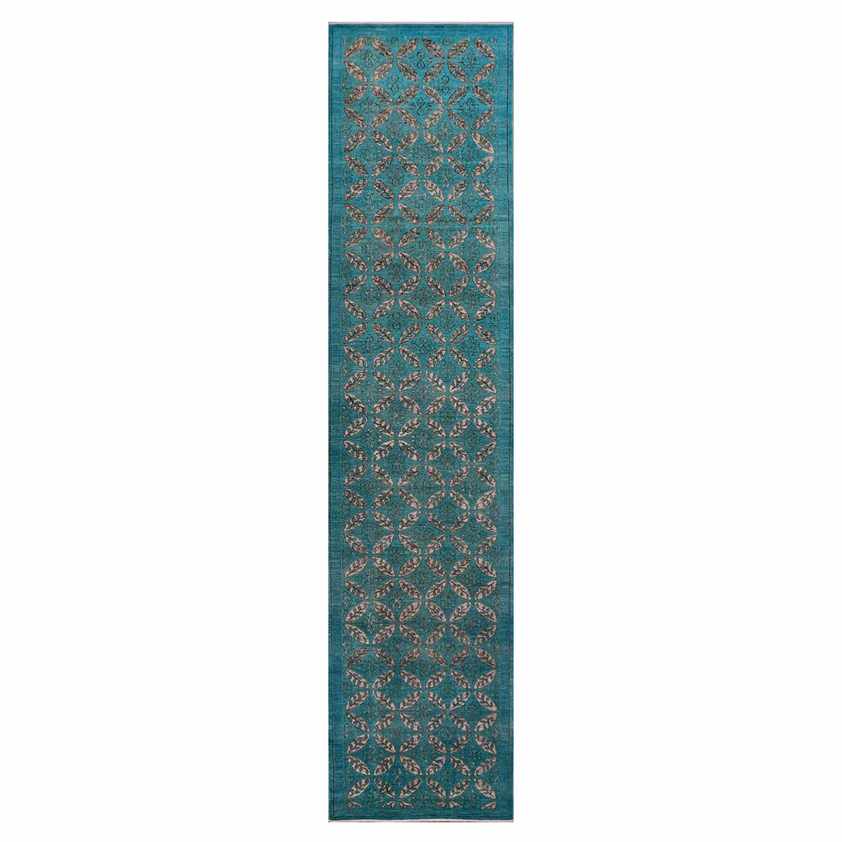 Afghan Modern OXO Cutout Wool 4x19 Teal & Ivory Handmade Gallery Rug #5013073
