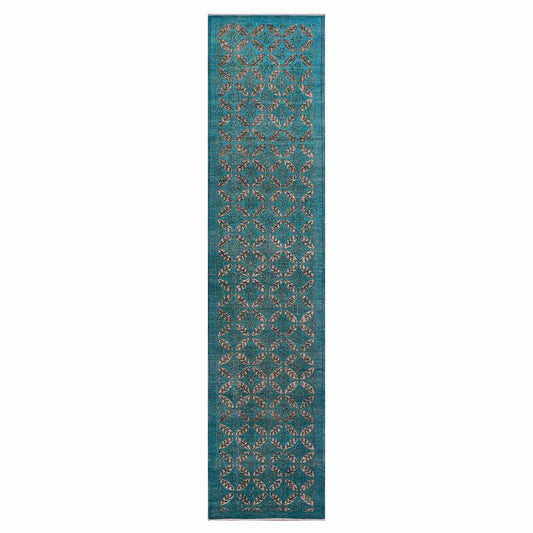 Afghan Modern OXO Cutout Wool 4x19 Teal & Ivory Handmade Gallery Rug #5013073