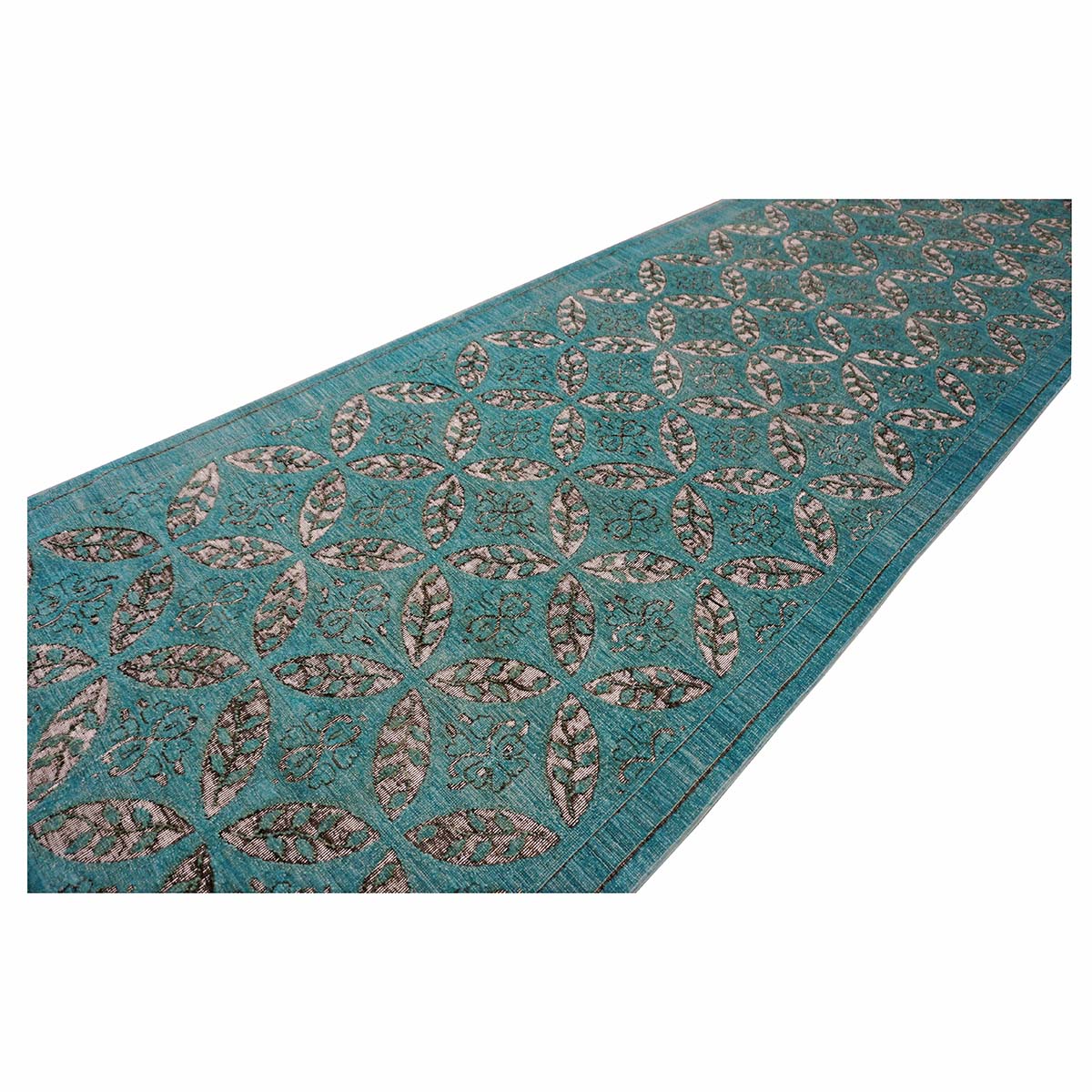 Afghan Modern OXO Cutout Wool 4x19 Teal & Ivory Handmade Gallery Rug #5013073