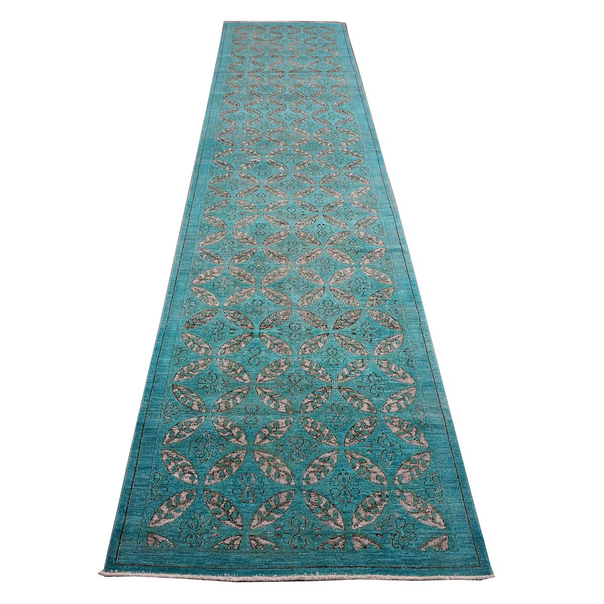 Afghan Modern OXO Cutout Wool 4x19 Teal & Ivory Handmade Gallery Rug #5013073