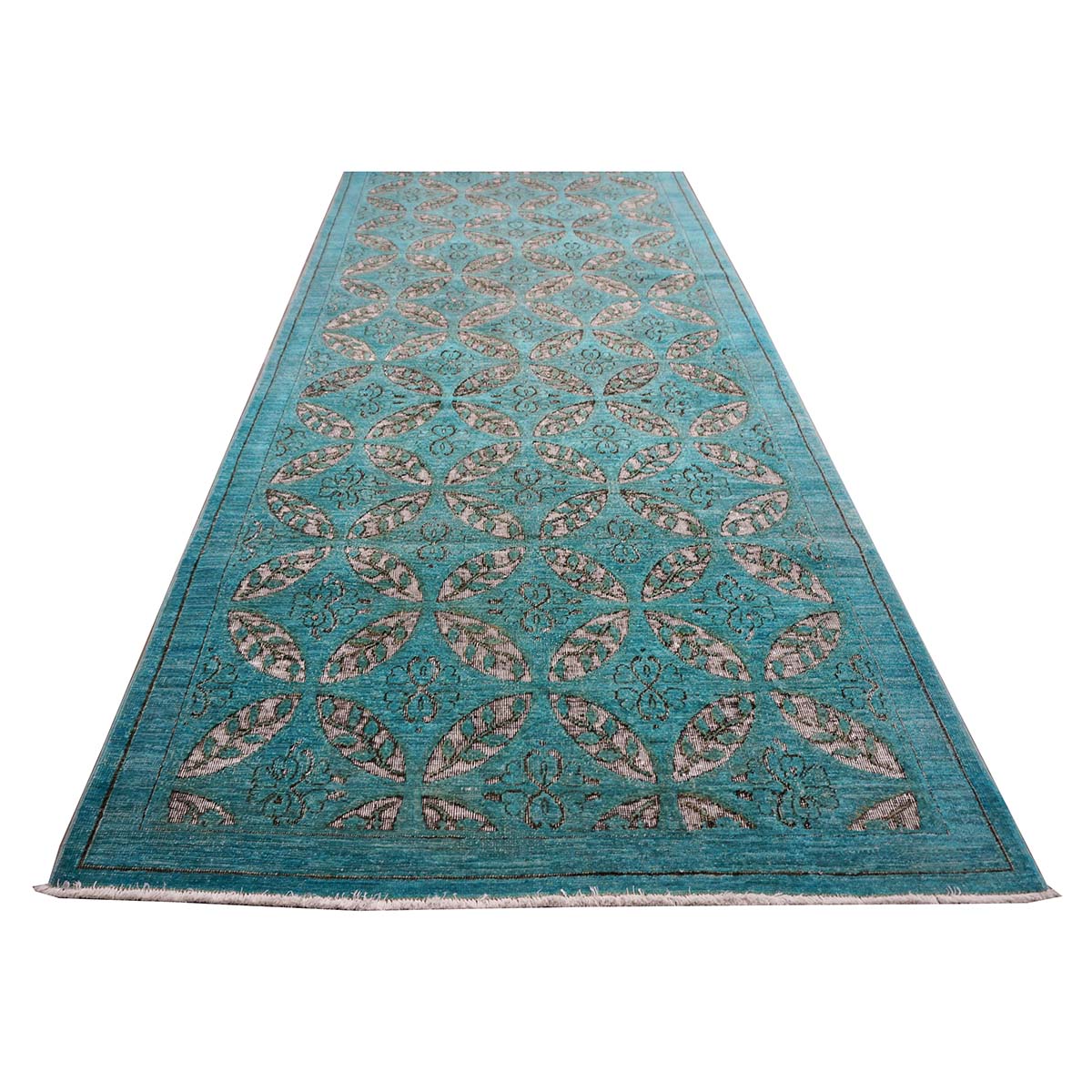 Afghan Modern OXO Cutout Wool 4x19 Teal & Ivory Handmade Gallery Rug #5013073