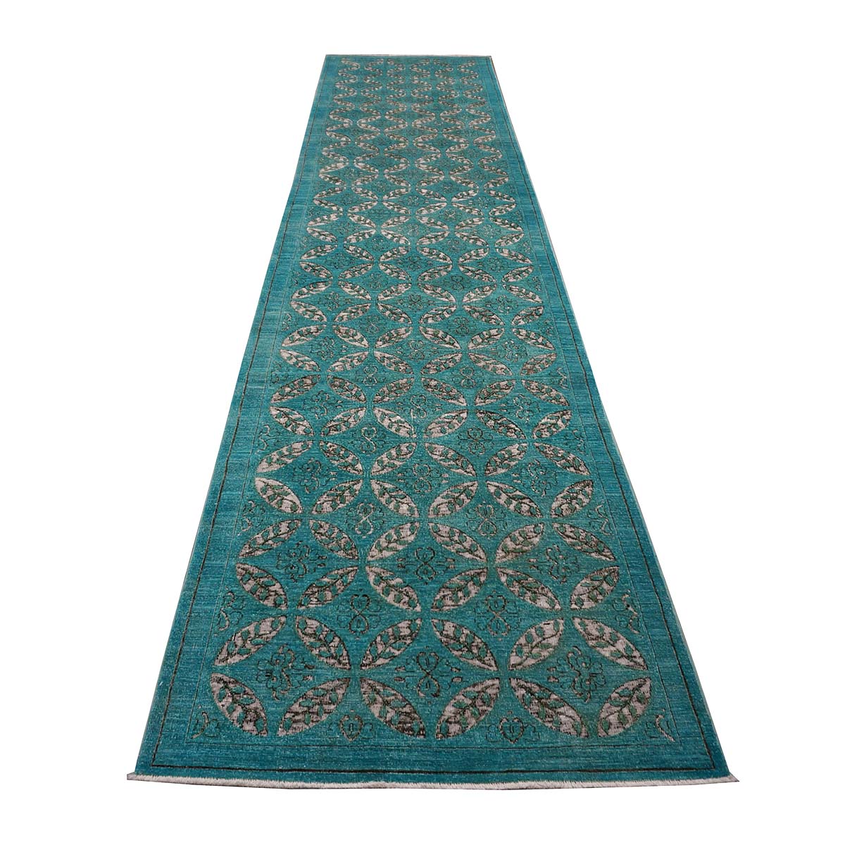 Afghan Modern OXO Cutout Wool 4x19 Teal & Ivory Handmade Gallery Rug #5013073