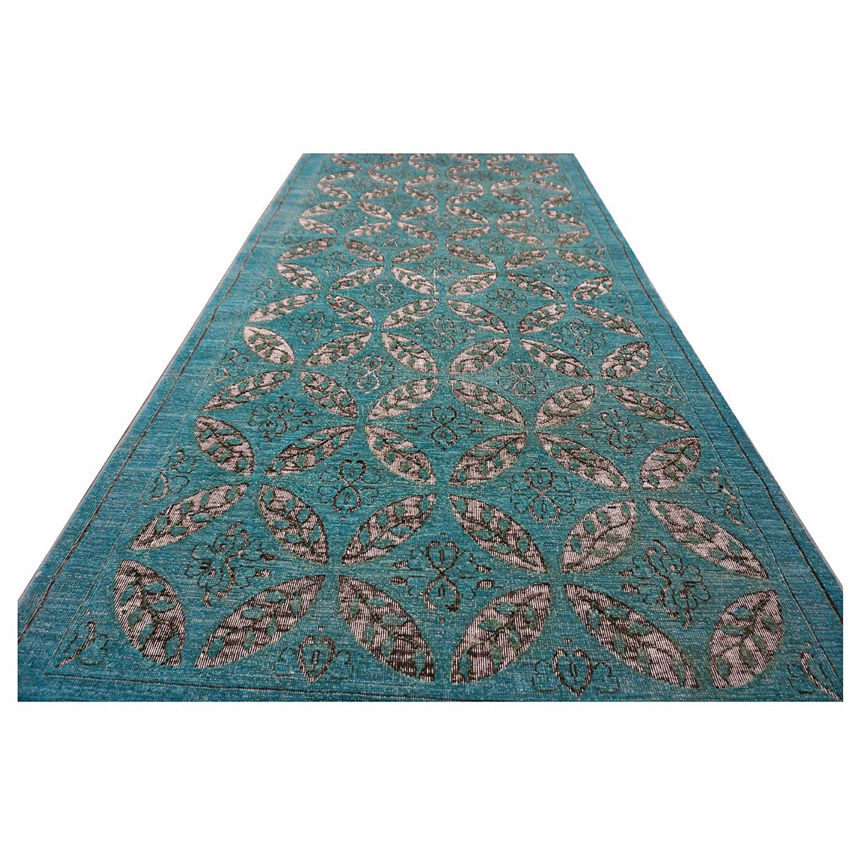 Afghan Modern OXO Cutout Wool 4x19 Teal & Ivory Handmade Gallery Rug #5013073