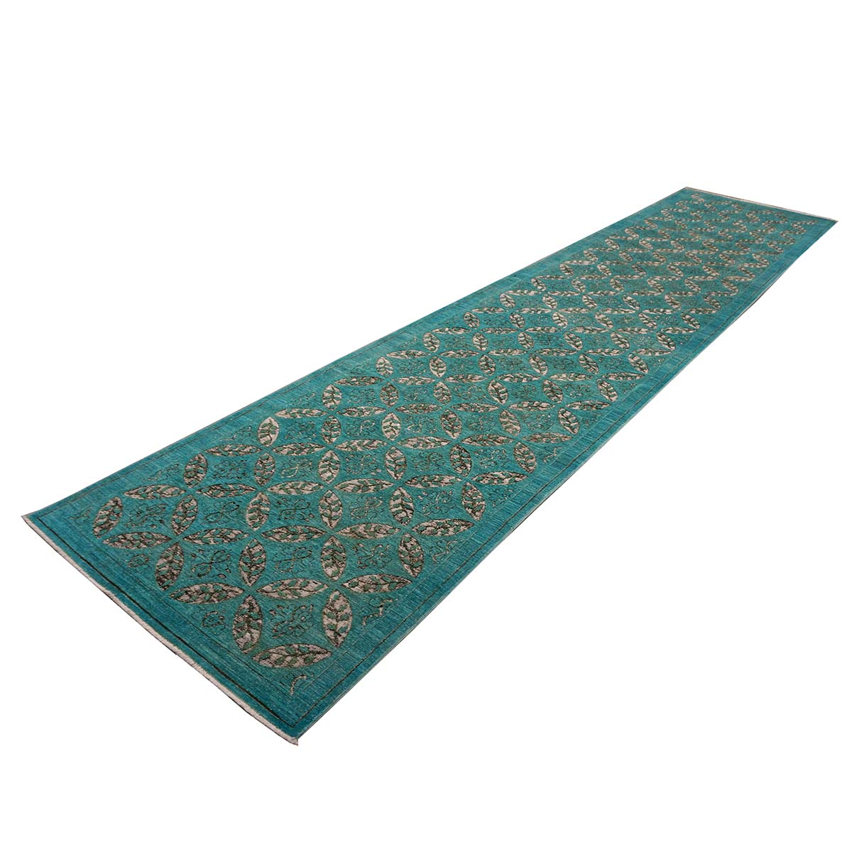 Afghan Modern OXO Cutout Wool 4x19 Teal & Ivory Handmade Gallery Rug #5013073