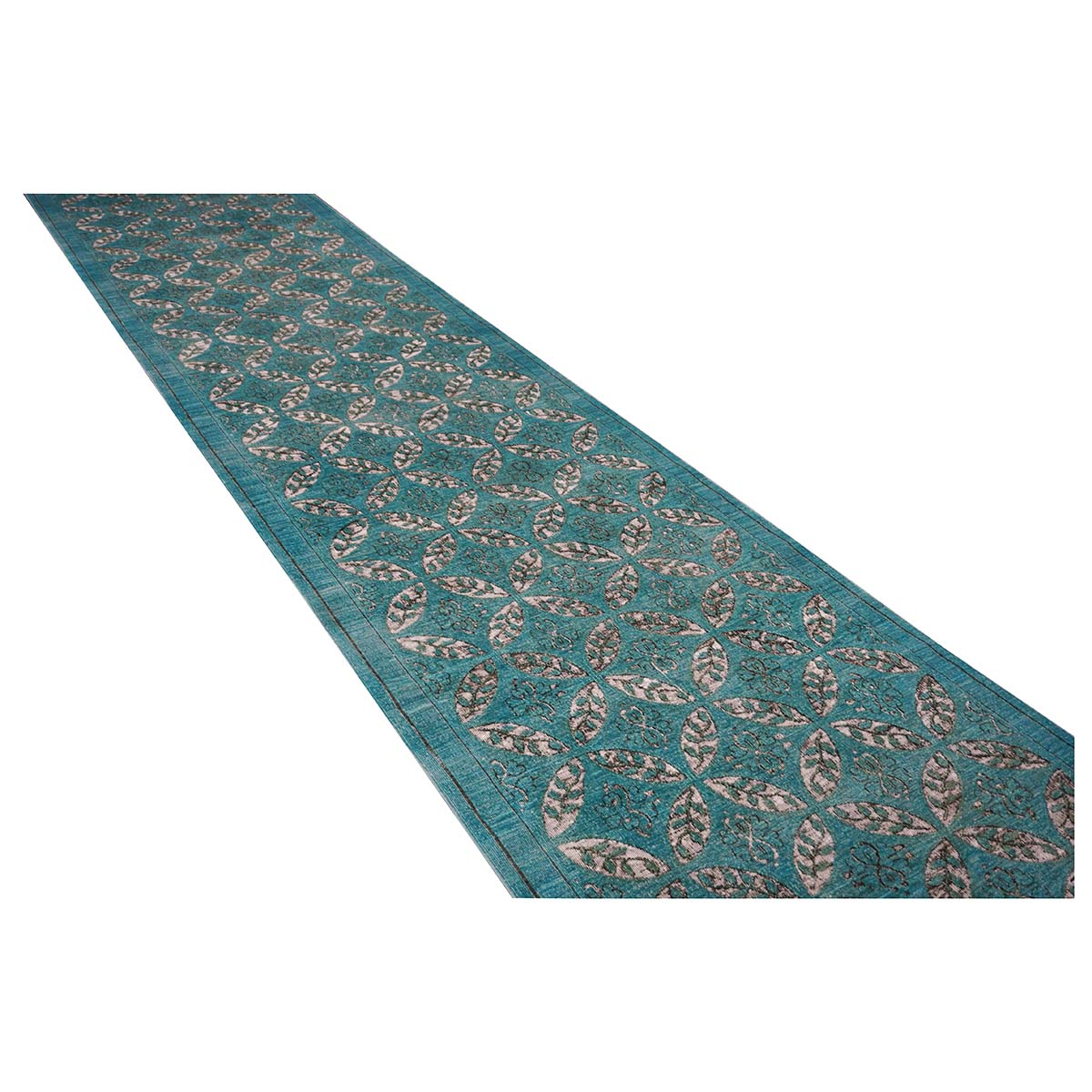 Afghan Modern OXO Cutout Wool 4x19 Teal & Ivory Handmade Gallery Rug #5013073