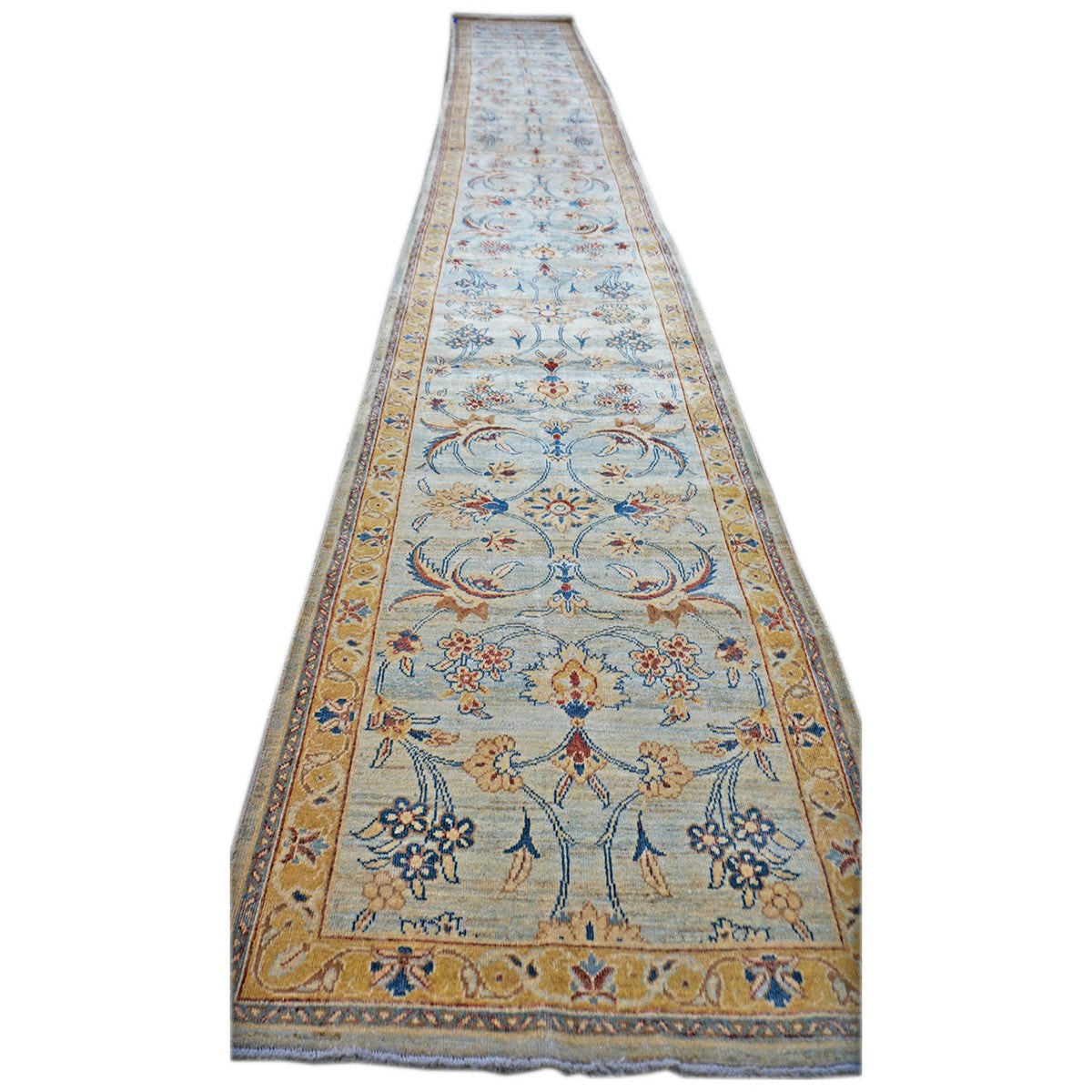 Persian Sultanabad 3x25 Light Blue & Gold Hall Runner #1141320 image 1