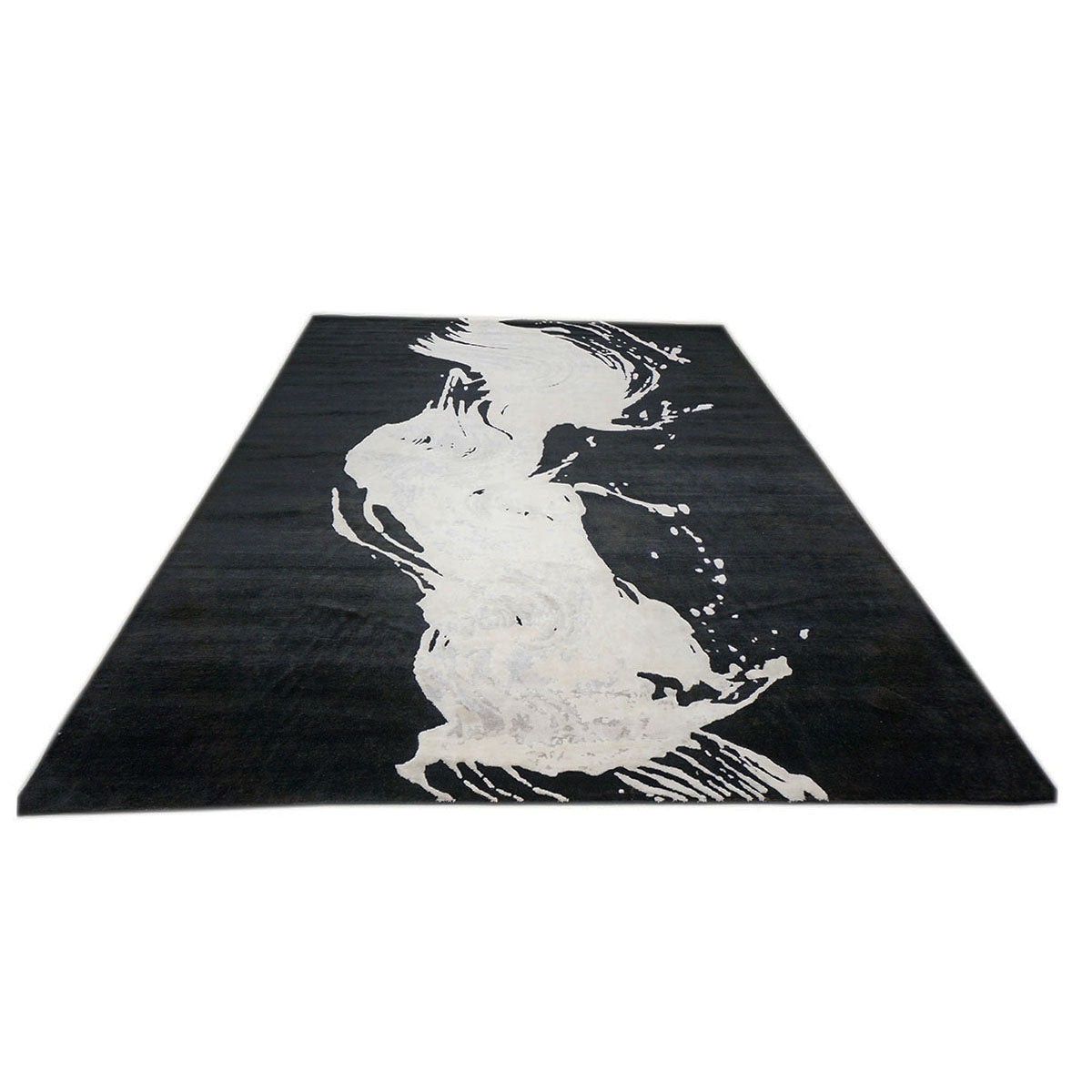 Modern Wool & Silk 9X12 Black & White Wave Design Handmade Area Rug #1144031 image 2