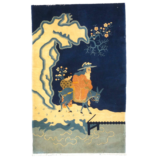 Chinese Pictorial Man on a Donkey Wool 3x5 Navy & Beige Handmade Area Rug # 9900101