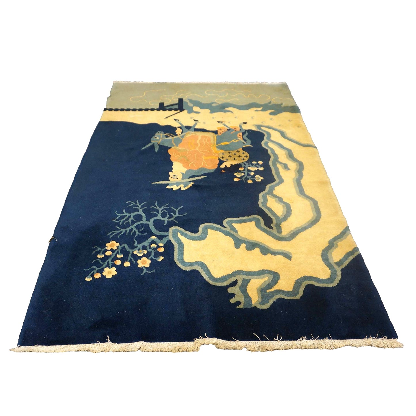 Chinese Pictorial Man on a Donkey Wool 3x5 Navy & Beige Handmade Area Rug # 9900101