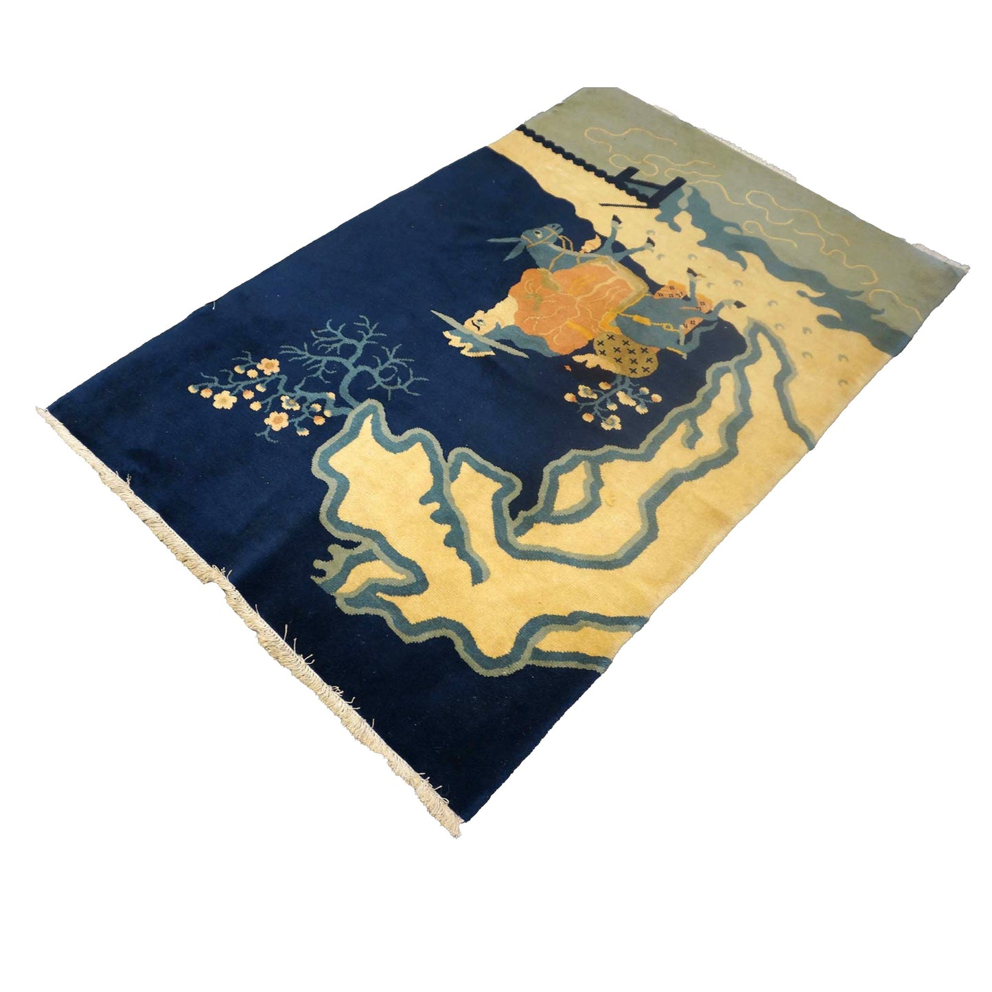 Chinese Pictorial Man on a Donkey Wool 3x5 Navy & Beige Handmade Area Rug # 9900101