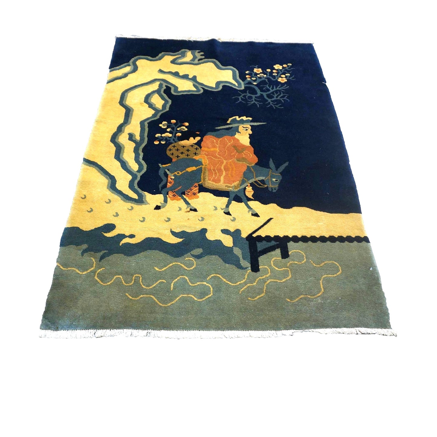 Chinese Pictorial Man on a Donkey Wool 3x5 Navy & Beige Handmade Area Rug # 9900101