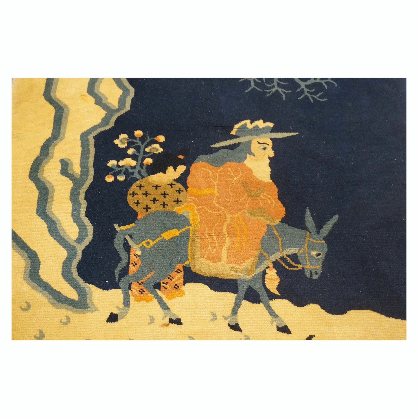 Chinese Pictorial Man on a Donkey Wool 3x5 Navy & Beige Handmade Area Rug # 9900101