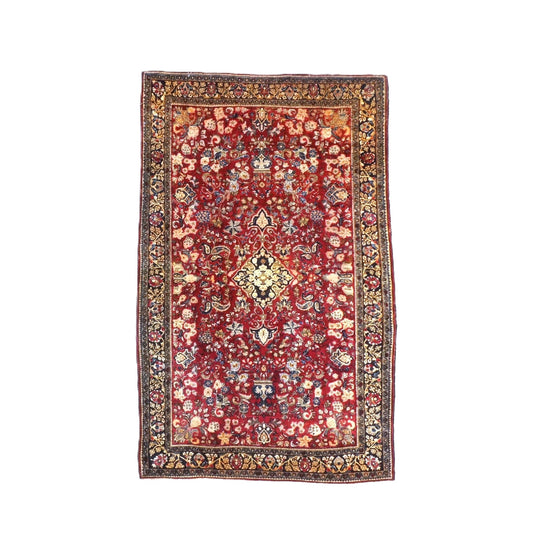 Antique Persian Sarouk Wool 4X7 Red, Navy, Black & Orange Handmade Area Rug #9900220