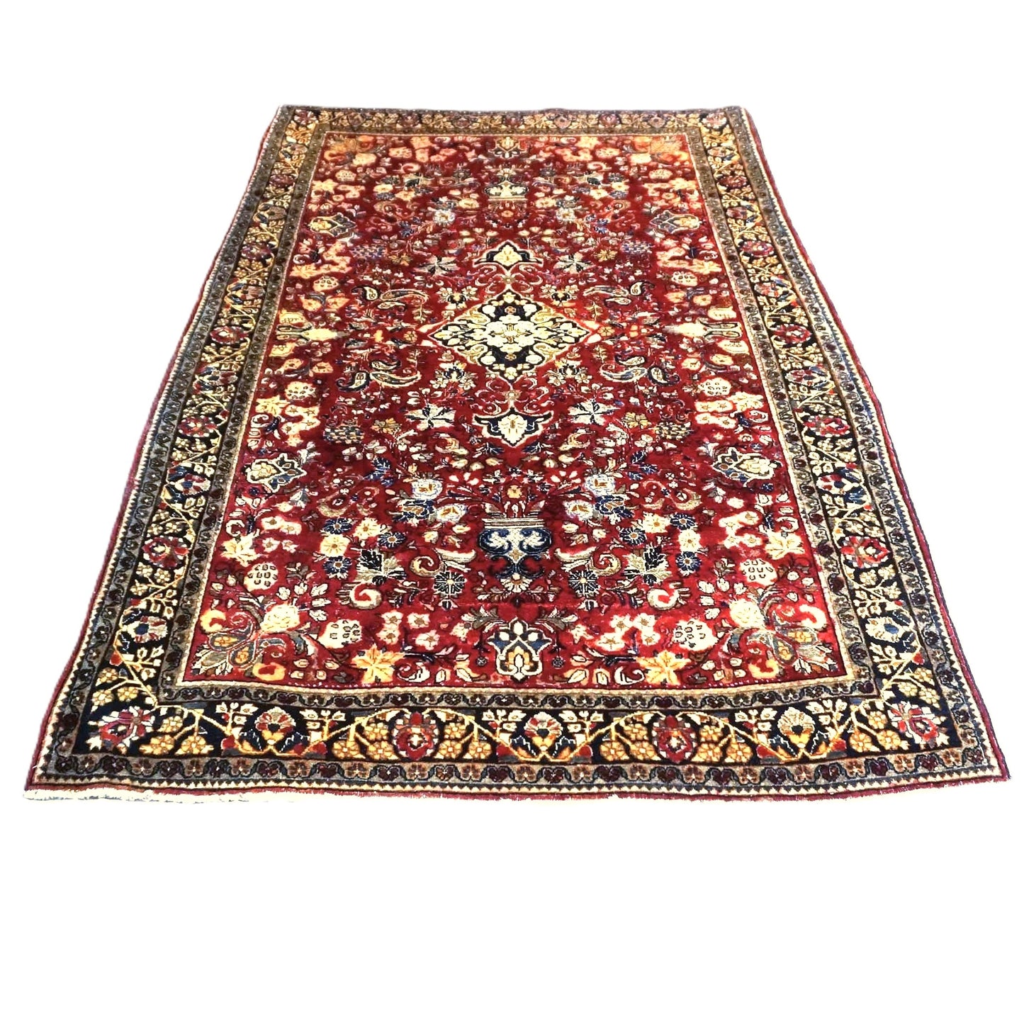 Antique Persian Sarouk Wool 4X7 Red, Navy, Black & Orange Handmade Area Rug #9900220