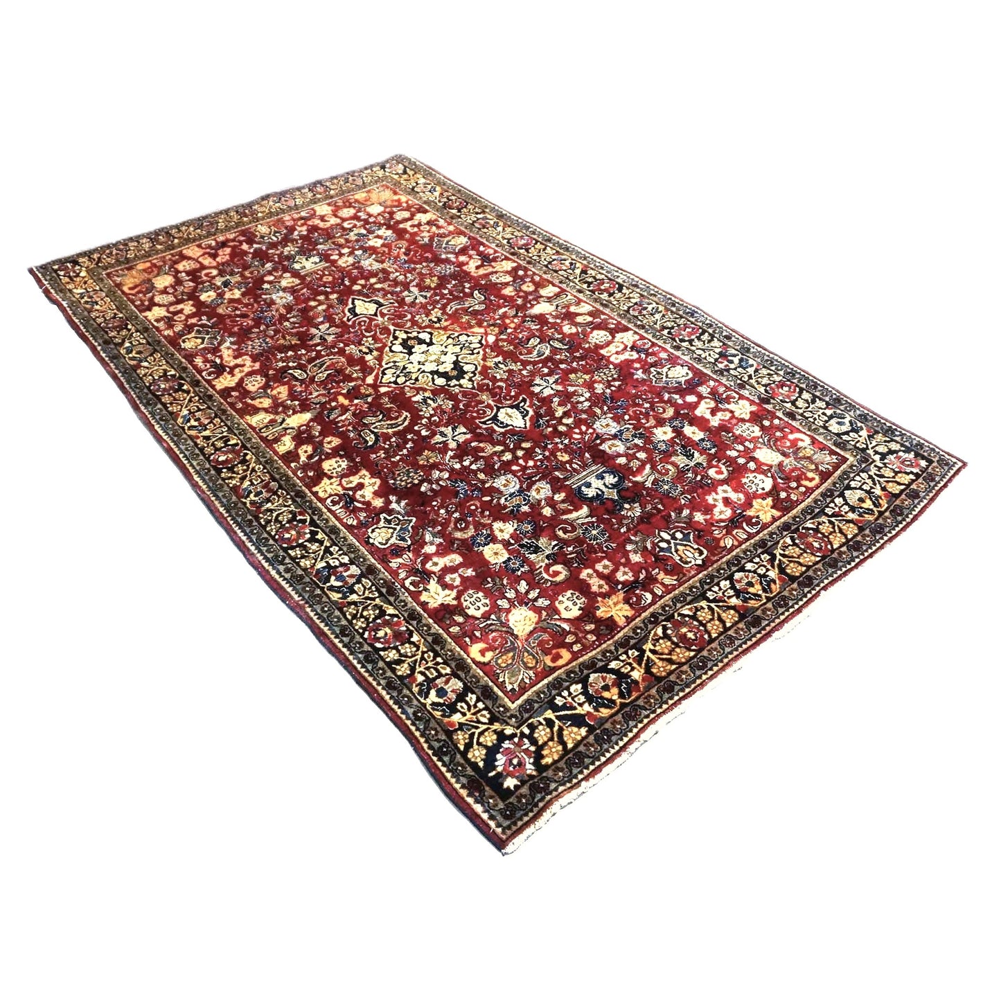 Antique Persian Sarouk Wool 4X7 Red, Navy, Black & Orange Handmade Area Rug #9900220