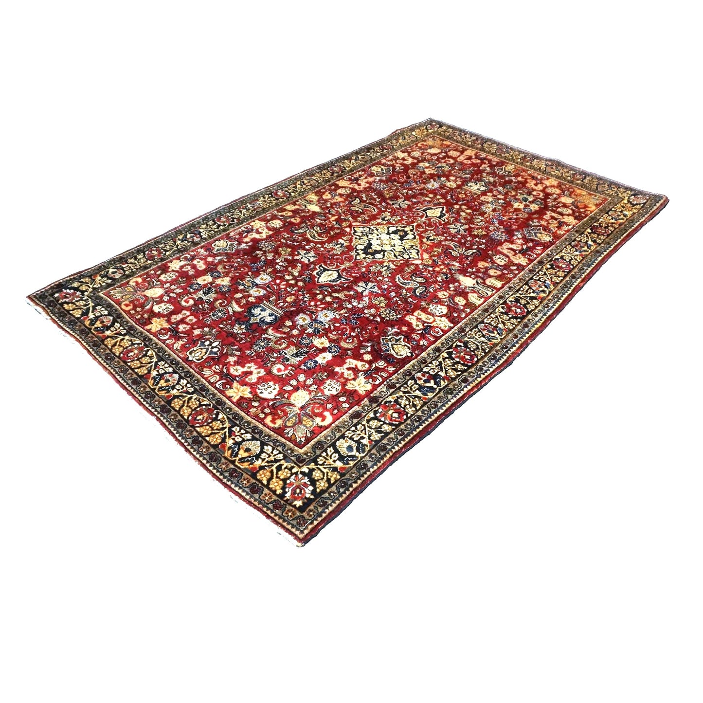Antique Persian Sarouk Wool 4X7 Red, Navy, Black & Orange Handmade Area Rug #9900220