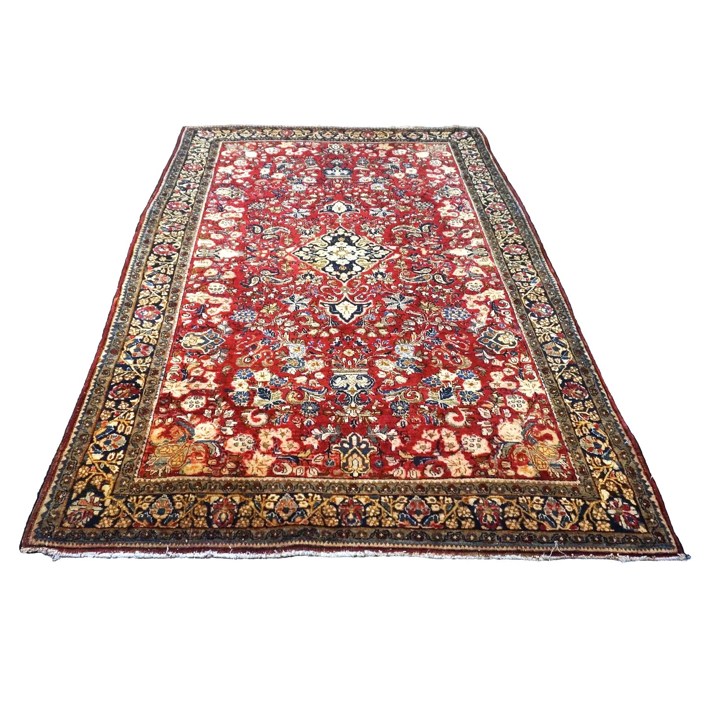 Antique Persian Sarouk Wool 4X7 Red, Navy, Black & Orange Handmade Area Rug #9900220