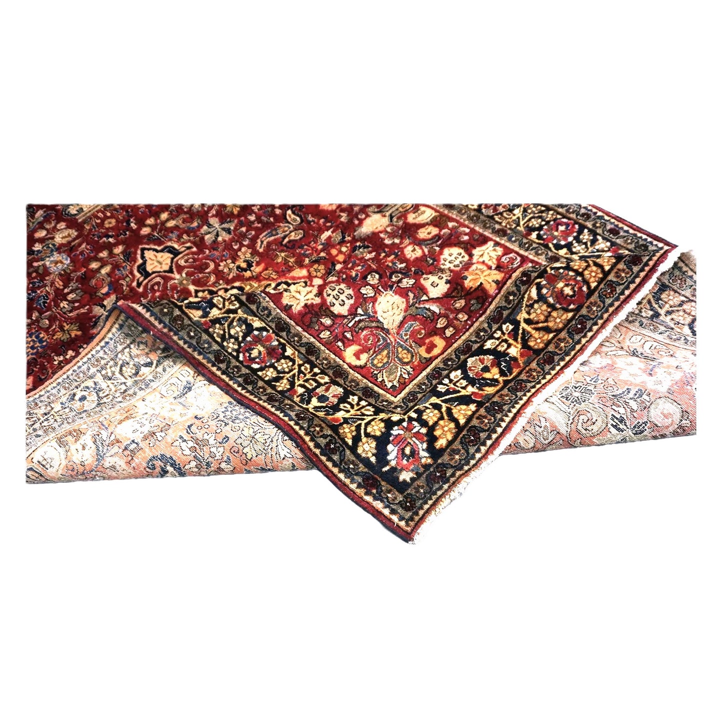 Antique Persian Sarouk Wool 4X7 Red, Navy, Black & Orange Handmade Area Rug #9900220