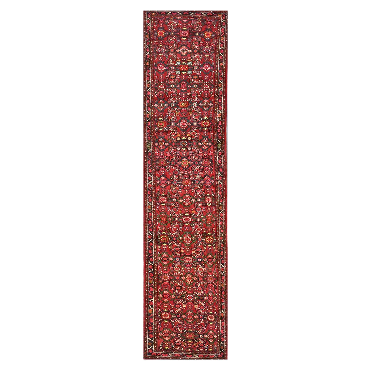 Persian Hamadan Wool 2x13 Red, Ivory & Navy Handmade Runner Rug #9900321